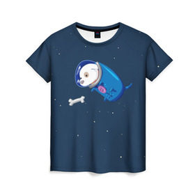 Женская футболка 3D с принтом Собачка в космосе в Екатеринбурге, 100% полиэфир ( синтетическое хлопкоподобное полотно) | прямой крой, круглый вырез горловины, длина до линии бедер | звёзды | космонавт | космос | косточка | скафандр | собачка