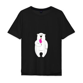Мужская футболка хлопок Oversize с принтом Медведь и мороженое в Екатеринбурге, 100% хлопок | свободный крой, круглый ворот, “спинка” длиннее передней части | 