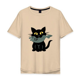 Мужская футболка хлопок Oversize с принтом Котик с рыбкой в Екатеринбурге, 100% хлопок | свободный крой, круглый ворот, “спинка” длиннее передней части | black cat | cat | cats | cool | fish | nice | sweet | кот | кот и рыба | котик | котик с рыбкой | кошка | мило | милый | рыба | рыбка | черный