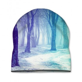 Шапка 3D с принтом Мрачный лес в Екатеринбурге, 100% полиэстер | универсальный размер, печать по всей поверхности изделия | вечер | деревья | загадочный | зеленый | земля | зима | лес | необычный | природа | свет | свечение | сибирь | снег | тайга | фиолетовый | яркий