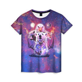 Женская футболка 3D с принтом Звериный прайд в Екатеринбурге, 100% полиэфир ( синтетическое хлопкоподобное полотно) | прямой крой, круглый вырез горловины, длина до линии бедер | волк | вселенная | галактика | звезды | медведь | орел | пума | туманность