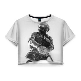 Женская футболка 3D укороченная с принтом Battlefield 4 в Екатеринбурге, 100% полиэстер | круглая горловина, длина футболки до линии талии, рукава с отворотами | battlefield | game | soldiers | weapons | воин | игра | игрок | оружие | солдат