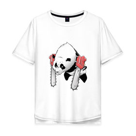 Мужская футболка хлопок Oversize с принтом Панда - руки бензопилы в Екатеринбурге, 100% хлопок | свободный крой, круглый ворот, “спинка” длиннее передней части | бамбук | бамбуковый медведь | бензопила | животное | злость | красная книга | кунгфу | лапы | мишка | опасный | оскал | панда | пила | прикольный | тростник | эвкалипт | япония | ярость