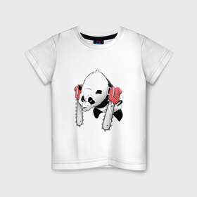 Детская футболка хлопок с принтом Панда - руки бензопилы в Екатеринбурге, 100% хлопок | круглый вырез горловины, полуприлегающий силуэт, длина до линии бедер | бамбук | бамбуковый медведь | бензопила | животное | злость | красная книга | кунгфу | лапы | мишка | опасный | оскал | панда | пила | прикольный | тростник | эвкалипт | япония | ярость
