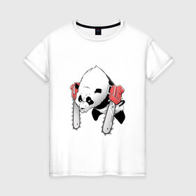 Женская футболка хлопок с принтом Панда - руки бензопилы в Екатеринбурге, 100% хлопок | прямой крой, круглый вырез горловины, длина до линии бедер, слегка спущенное плечо | бамбук | бамбуковый медведь | бензопила | животное | злость | красная книга | кунгфу | лапы | мишка | опасный | оскал | панда | пила | прикольный | тростник | эвкалипт | япония | ярость