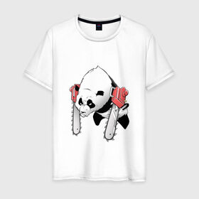 Мужская футболка хлопок с принтом Панда - руки бензопилы в Екатеринбурге, 100% хлопок | прямой крой, круглый вырез горловины, длина до линии бедер, слегка спущенное плечо. | бамбук | бамбуковый медведь | бензопила | животное | злость | красная книга | кунгфу | лапы | мишка | опасный | оскал | панда | пила | прикольный | тростник | эвкалипт | япония | ярость
