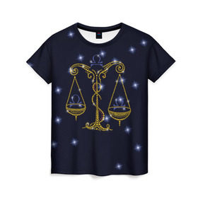 Женская футболка 3D с принтом Весы в Екатеринбурге, 100% полиэфир ( синтетическое хлопкоподобное полотно) | прямой крой, круглый вырез горловины, длина до линии бедер | весы | звезды | знаки зодиака | космос | созвездие