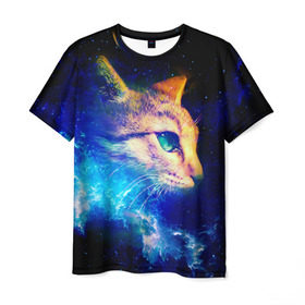 Мужская футболка 3D с принтом Звездный кот в Екатеринбурге, 100% полиэфир | прямой крой, круглый вырез горловины, длина до линии бедер | звезды | кот | мордочка | темный