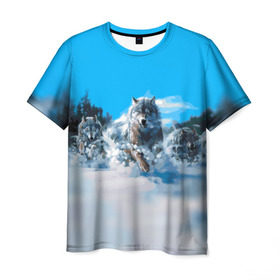 Мужская футболка 3D с принтом Волчья охота в Екатеринбурге, 100% полиэфир | прямой крой, круглый вырез горловины, длина до линии бедер | бирюк | волк | волчара | волчица | волчок | глаза | животное | животные | зверь | зима | злость | картина | койот | рисунок | санитар леса | серый | снег | стая | три | хищник | цветной | шакал