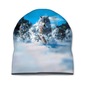 Шапка 3D с принтом Волчья охота в Екатеринбурге, 100% полиэстер | универсальный размер, печать по всей поверхности изделия | бирюк | волк | волчара | волчица | волчок | глаза | животное | животные | зверь | зима | злость | картина | койот | рисунок | санитар леса | серый | снег | стая | три | хищник | цветной | шакал