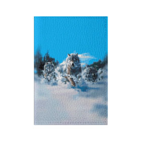 Обложка для паспорта матовая кожа с принтом Волчья охота в Екатеринбурге, натуральная матовая кожа | размер 19,3 х 13,7 см; прозрачные пластиковые крепления | бирюк | волк | волчара | волчица | волчок | глаза | животное | животные | зверь | зима | злость | картина | койот | рисунок | санитар леса | серый | снег | стая | три | хищник | цветной | шакал