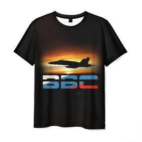 Мужская футболка 3D с принтом Истребитель ВВС на закате в Екатеринбурге, 100% полиэфир | прямой крой, круглый вырез горловины, длина до линии бедер | Тематика изображения на принте: самолет