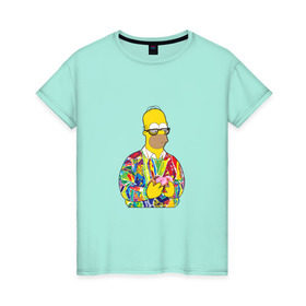 Женская футболка хлопок с принтом Homer в Екатеринбурге, 100% хлопок | прямой крой, круглый вырез горловины, длина до линии бедер, слегка спущенное плечо | bart | homer | simpsons | барт | гомер | еда | мультфильм | отец | папа | пончик | радуга | симпсоны | спрингфилд | хиппи | цвет