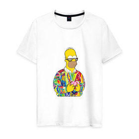 Мужская футболка хлопок с принтом Homer в Екатеринбурге, 100% хлопок | прямой крой, круглый вырез горловины, длина до линии бедер, слегка спущенное плечо. | bart | homer | simpsons | барт | гомер | еда | мультфильм | отец | папа | пончик | радуга | симпсоны | спрингфилд | хиппи | цвет