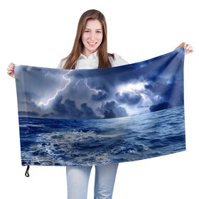 Флаг 3D с принтом Шторм в Екатеринбурге, 100% полиэстер | плотность ткани — 95 г/м2, размер — 67 х 109 см. Принт наносится с одной стороны | брызги | буря | вода | волны | гроза | капли | красивое | молния | море | непогода | океан | природа | синее | стихия | тучи