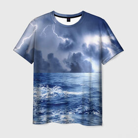 Мужская футболка 3D с принтом Шторм в Екатеринбурге, 100% полиэфир | прямой крой, круглый вырез горловины, длина до линии бедер | брызги | буря | вода | волны | гроза | капли | красивое | молния | море | непогода | океан | природа | синее | стихия | тучи