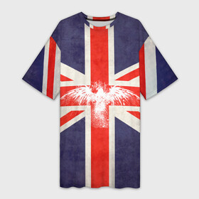 Платье-футболка 3D с принтом Флаг Англии с белым орлом в Екатеринбурге,  |  | london | англия | белый | брызги | великобритания | империя | клякса | крылья | лондон | необычный | объеденное королевство | орел | птица | символ | сокол | туманный альбион | флаг