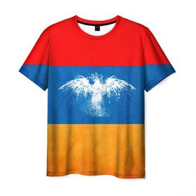 Мужская футболка 3D с принтом Флаг Армении с белым орлом в Екатеринбурге, 100% полиэфир | прямой крой, круглый вырез горловины, длина до линии бедер | айастан | армения | белый | босеан | брызги | ереван | знамя | империя | клякса | крылья | кумач | необычный | орел | пойс | птица | символ | сокол | стяг | флаг | хайастан | штандарт