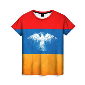 Женская футболка 3D с принтом Флаг Армении с белым орлом в Екатеринбурге, 100% полиэфир ( синтетическое хлопкоподобное полотно) | прямой крой, круглый вырез горловины, длина до линии бедер | айастан | армения | белый | босеан | брызги | ереван | знамя | империя | клякса | крылья | кумач | необычный | орел | пойс | птица | символ | сокол | стяг | флаг | хайастан | штандарт