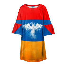 Детское платье 3D с принтом Флаг Армении с белым орлом в Екатеринбурге, 100% полиэстер | прямой силуэт, чуть расширенный к низу. Круглая горловина, на рукавах — воланы | айастан | армения | белый | босеан | брызги | ереван | знамя | империя | клякса | крылья | кумач | необычный | орел | пойс | птица | символ | сокол | стяг | флаг | хайастан | штандарт
