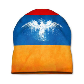 Шапка 3D с принтом Флаг Армении с белым орлом в Екатеринбурге, 100% полиэстер | универсальный размер, печать по всей поверхности изделия | Тематика изображения на принте: айастан | армения | белый | босеан | брызги | ереван | знамя | империя | клякса | крылья | кумач | необычный | орел | пойс | птица | символ | сокол | стяг | флаг | хайастан | штандарт