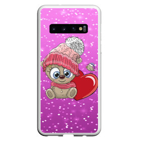 Чехол для Samsung Galaxy S10 с принтом Teddy baby в Екатеринбурге, Силикон | Область печати: задняя сторона чехла, без боковых панелей | Тематика изображения на принте: 3d | арт | блеск | зима | квадратики | кубики | медведь | милые | плюшевый | сердечки | тедди | текстура