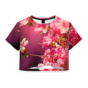 Женская футболка 3D укороченная с принтом Сакура в Екатеринбурге, 100% полиэстер | круглая горловина, длина футболки до линии талии, рукава с отворотами | 3d | flower | nature | pink | sakura | весна | деревья | природа | розовый | сакура | цветы | япония