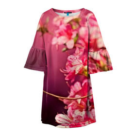 Детское платье 3D с принтом Сакура в Екатеринбурге, 100% полиэстер | прямой силуэт, чуть расширенный к низу. Круглая горловина, на рукавах — воланы | Тематика изображения на принте: 3d | flower | nature | pink | sakura | весна | деревья | природа | розовый | сакура | цветы | япония