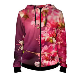 Женская толстовка 3D на молнии с принтом Сакура в Екатеринбурге, 100% полиэстер | длина до линии бедра, манжеты и пояс оформлены мягкой тканевой резинкой, двухслойный капюшон со шнурком для регулировки, спереди молния, по бокам два кармана | 3d | flower | nature | pink | sakura | весна | деревья | природа | розовый | сакура | цветы | япония