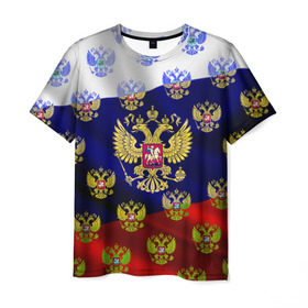 Мужская футболка 3D с принтом Россыпь гербов РФ в Екатеринбурге, 100% полиэфир | прямой крой, круглый вырез горловины, длина до линии бедер | герб | государство | желтый | зеленый | знамя | золотой | множество | патриот | развивающийся | российская федерация | россия | рф | символ | синий | стяг | триколор | флаг