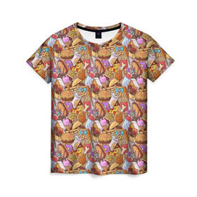 Женская футболка 3D с принтом Фастфуд в Екатеринбурге, 100% полиэфир ( синтетическое хлопкоподобное полотно) | прямой крой, круглый вырез горловины, длина до линии бедер | Тематика изображения на принте: бурито | вкусняшка | вок | гамбургер | еда я люблю тебя | жарить | жир | курица | лапша | макдак | мороженое | нагетсы | пицца | пончики | салями | смайл | фри | хотдог | шаурма