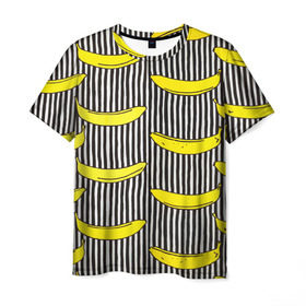 Мужская футболка 3D с принтом Бананы на Полосатом Фоне в Екатеринбурге, 100% полиэфир | прямой крой, круглый вырез горловины, длина до линии бедер | банана | бананчик | вкусный | желтый | спелый | фрукт