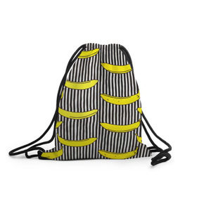 Рюкзак-мешок 3D с принтом Бананы на Полосатом Фоне в Екатеринбурге, 100% полиэстер | плотность ткани — 200 г/м2, размер — 35 х 45 см; лямки — толстые шнурки, застежка на шнуровке, без карманов и подкладки | банана | бананчик | вкусный | желтый | спелый | фрукт