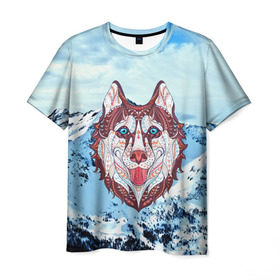 Мужская футболка 3D с принтом Хаски в Екатеринбурге, 100% полиэфир | прямой крой, круглый вырез горловины, длина до линии бедер | at | bowwow | dog | hound | pooch | арт | гончая | гончая собака | горы | деревья | лес | снег | собака | хаски | холод