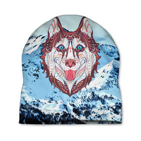Шапка 3D с принтом Хаски в Екатеринбурге, 100% полиэстер | универсальный размер, печать по всей поверхности изделия | at | bowwow | dog | hound | pooch | арт | гончая | гончая собака | горы | деревья | лес | снег | собака | хаски | холод