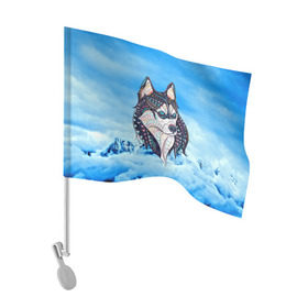 Флаг для автомобиля с принтом Siberian Husky в Екатеринбурге, 100% полиэстер | Размер: 30*21 см | at | bowwow | dog | hound | pooch | арт | гончая | гончая собака | горы | деревья | лес | снег | собака | хаски | холод
