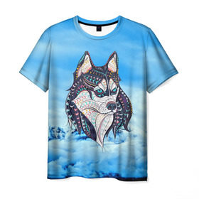Мужская футболка 3D с принтом Siberian Husky в Екатеринбурге, 100% полиэфир | прямой крой, круглый вырез горловины, длина до линии бедер | at | bowwow | dog | hound | pooch | арт | гончая | гончая собака | горы | деревья | лес | снег | собака | хаски | холод