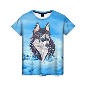 Женская футболка 3D с принтом Siberian Husky в Екатеринбурге, 100% полиэфир ( синтетическое хлопкоподобное полотно) | прямой крой, круглый вырез горловины, длина до линии бедер | at | bowwow | dog | hound | pooch | арт | гончая | гончая собака | горы | деревья | лес | снег | собака | хаски | холод