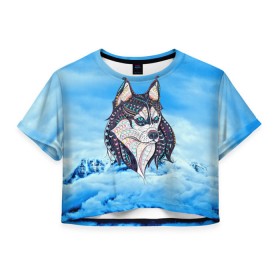 Женская футболка 3D укороченная с принтом Siberian Husky в Екатеринбурге, 100% полиэстер | круглая горловина, длина футболки до линии талии, рукава с отворотами | at | bowwow | dog | hound | pooch | арт | гончая | гончая собака | горы | деревья | лес | снег | собака | хаски | холод