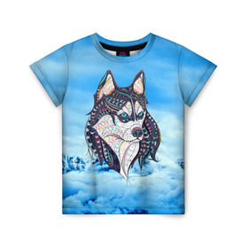 Детская футболка 3D с принтом Siberian Husky в Екатеринбурге, 100% гипоаллергенный полиэфир | прямой крой, круглый вырез горловины, длина до линии бедер, чуть спущенное плечо, ткань немного тянется | at | bowwow | dog | hound | pooch | арт | гончая | гончая собака | горы | деревья | лес | снег | собака | хаски | холод