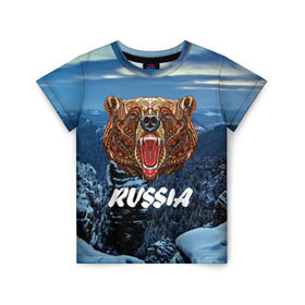 Детская футболка 3D с принтом Russian bear в Екатеринбурге, 100% гипоаллергенный полиэфир | прямой крой, круглый вырез горловины, длина до линии бедер, чуть спущенное плечо, ткань немного тянется | Тематика изображения на принте: 