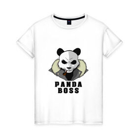 Женская футболка хлопок с принтом Panda Boss в Екатеринбурге, 100% хлопок | прямой крой, круглый вырез горловины, длина до линии бедер, слегка спущенное плечо | банда | большой | босс | важный | главарь | главный | директор | крутой | круче всех | лидер | мех | панда | россия | русский | самый | супер | трубка | шуба