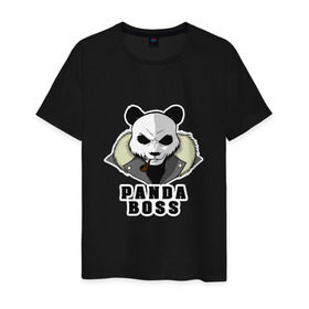 Мужская футболка хлопок с принтом Panda Boss в Екатеринбурге, 100% хлопок | прямой крой, круглый вырез горловины, длина до линии бедер, слегка спущенное плечо. | банда | большой | босс | важный | главарь | главный | директор | крутой | круче всех | лидер | мех | панда | россия | русский | самый | супер | трубка | шуба