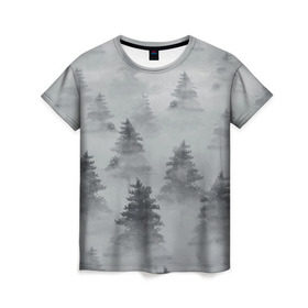 Женская футболка 3D с принтом Туманный лес в Екатеринбурге, 100% полиэфир ( синтетическое хлопкоподобное полотно) | прямой крой, круглый вырез горловины, длина до линии бедер | бор | вечер | деревья | елка | еловый | ель | загадочный | земля | зима | лес | мрачный | необычный | природа | серый | сибирь | снег | тайга | туман | хвойный