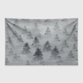 Флаг-баннер с принтом Туманный лес в Екатеринбурге, 100% полиэстер | размер 67 х 109 см, плотность ткани — 95 г/м2; по краям флага есть четыре люверса для крепления | бор | вечер | деревья | елка | еловый | ель | загадочный | земля | зима | лес | мрачный | необычный | природа | серый | сибирь | снег | тайга | туман | хвойный