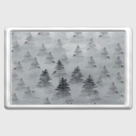 Магнит 45*70 с принтом Туманный лес в Екатеринбурге, Пластик | Размер: 78*52 мм; Размер печати: 70*45 | Тематика изображения на принте: бор | вечер | деревья | елка | еловый | ель | загадочный | земля | зима | лес | мрачный | необычный | природа | серый | сибирь | снег | тайга | туман | хвойный