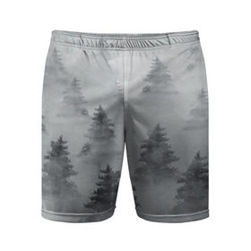 Мужские шорты 3D спортивные с принтом Туманный лес в Екатеринбурге,  |  | бор | вечер | деревья | елка | еловый | ель | загадочный | земля | зима | лес | мрачный | необычный | природа | серый | сибирь | снег | тайга | туман | хвойный