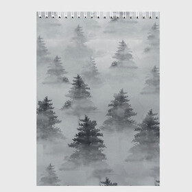 Скетчбук с принтом Туманный лес в Екатеринбурге, 100% бумага
 | 48 листов, плотность листов — 100 г/м2, плотность картонной обложки — 250 г/м2. Листы скреплены сверху удобной пружинной спиралью | бор | вечер | деревья | елка | еловый | ель | загадочный | земля | зима | лес | мрачный | необычный | природа | серый | сибирь | снег | тайга | туман | хвойный