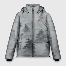Мужская зимняя куртка 3D с принтом Туманный лес в Екатеринбурге, верх — 100% полиэстер; подкладка — 100% полиэстер; утеплитель — 100% полиэстер | длина ниже бедра, свободный силуэт Оверсайз. Есть воротник-стойка, отстегивающийся капюшон и ветрозащитная планка. 

Боковые карманы с листочкой на кнопках и внутренний карман на молнии. | Тематика изображения на принте: бор | вечер | деревья | елка | еловый | ель | загадочный | земля | зима | лес | мрачный | необычный | природа | серый | сибирь | снег | тайга | туман | хвойный