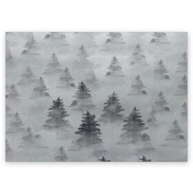 Поздравительная открытка с принтом Туманный лес в Екатеринбурге, 100% бумага | плотность бумаги 280 г/м2, матовая, на обратной стороне линовка и место для марки
 | бор | вечер | деревья | елка | еловый | ель | загадочный | земля | зима | лес | мрачный | необычный | природа | серый | сибирь | снег | тайга | туман | хвойный